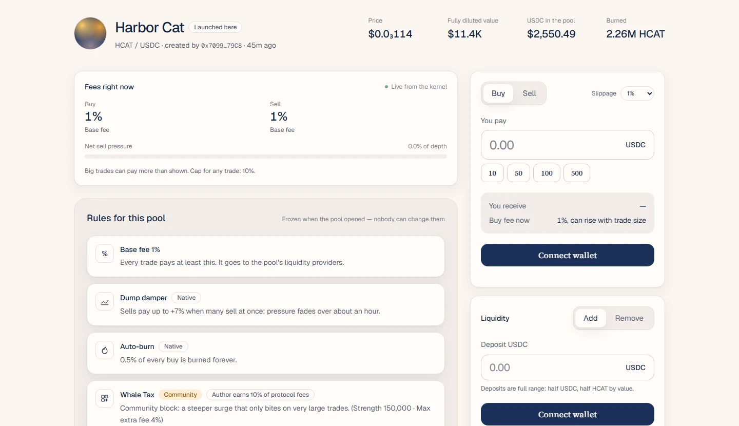 A pool page: live fees, the pool's frozen rules, and panels to trade and add liquidity.